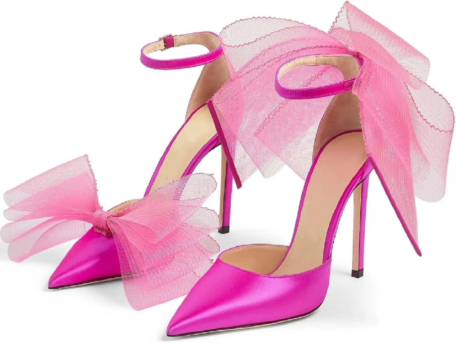 Women Stiletto High Heels Pumps with Asymmetric Grosgrain Mesh Bows Lace Ankle Strap Buckle Closed Pointed Toe Sexy Wedding Shoes Party Dressy Sandals 3.14 in
