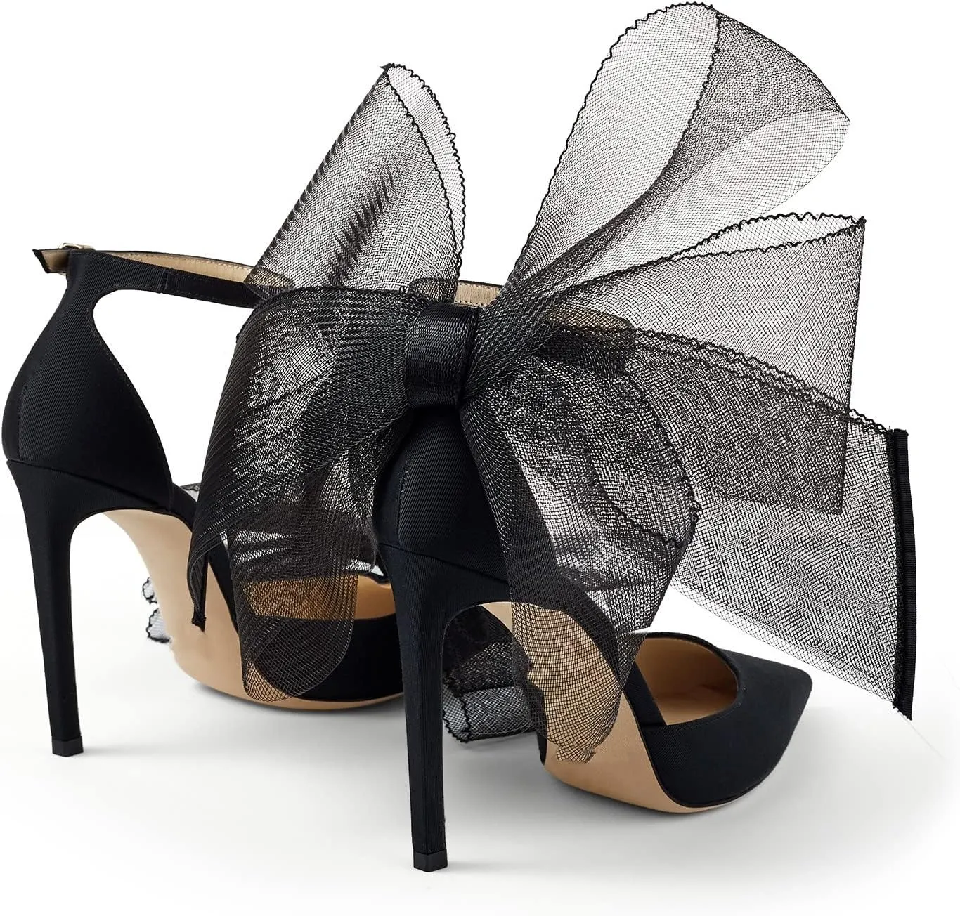 Women Stiletto High Heels Pumps with Asymmetric Grosgrain Mesh Bows Lace Ankle Strap Buckle Closed Pointed Toe Sexy Wedding Shoes Party Dressy Sandals 3.14 in