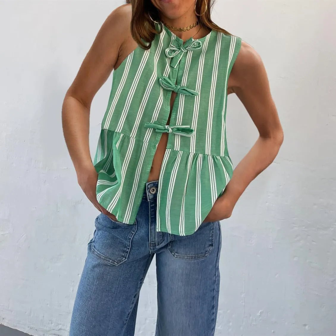 Women Tie Front Tank Top Sleeveless Ruffle Hem Vest Striped Peplum Blouse Summer Open Front Going Out Streetwear