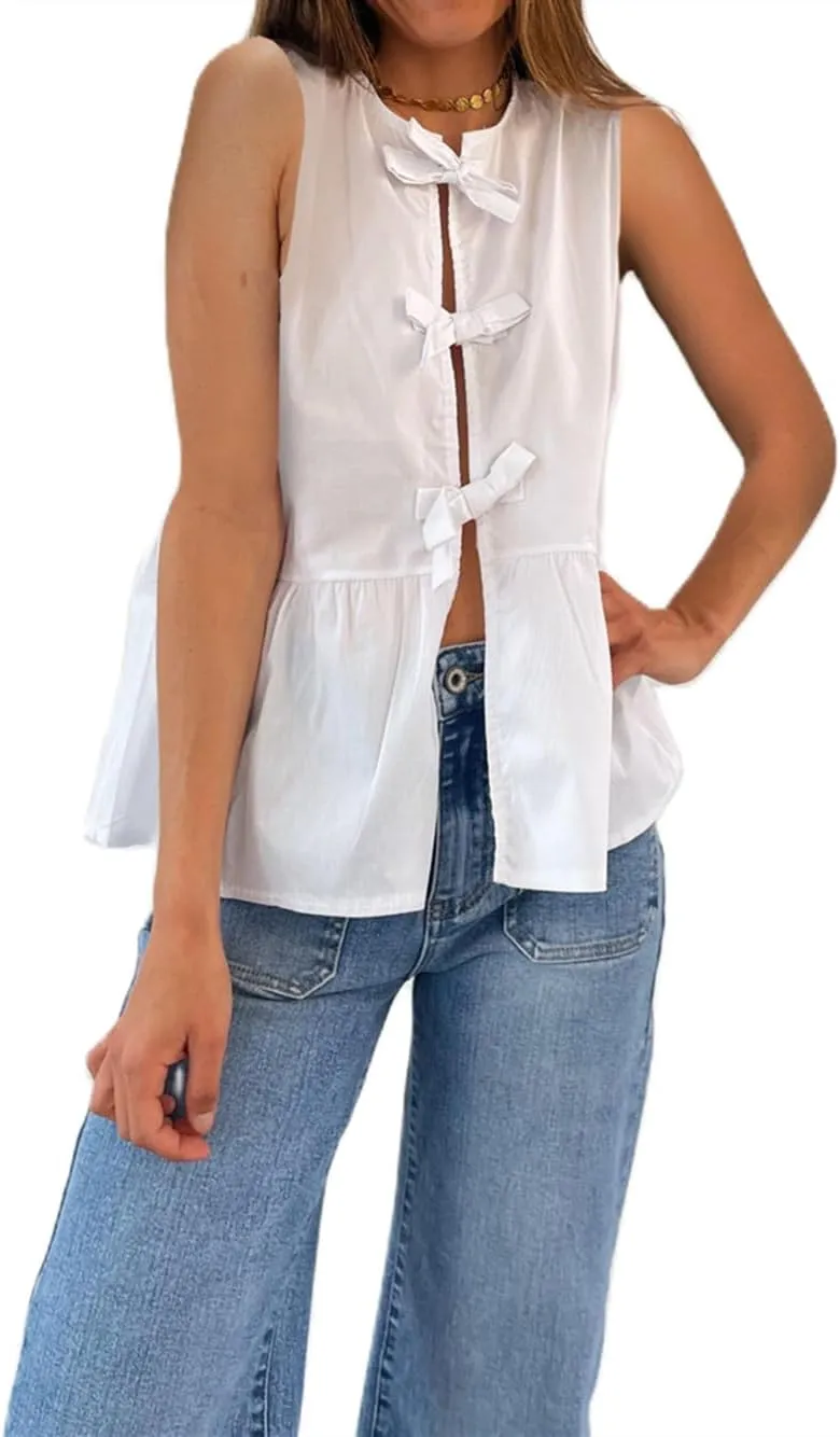 Women Tie Front Tank Top Sleeveless Ruffle Hem Vest Striped Peplum Blouse Summer Open Front Going Out Streetwear