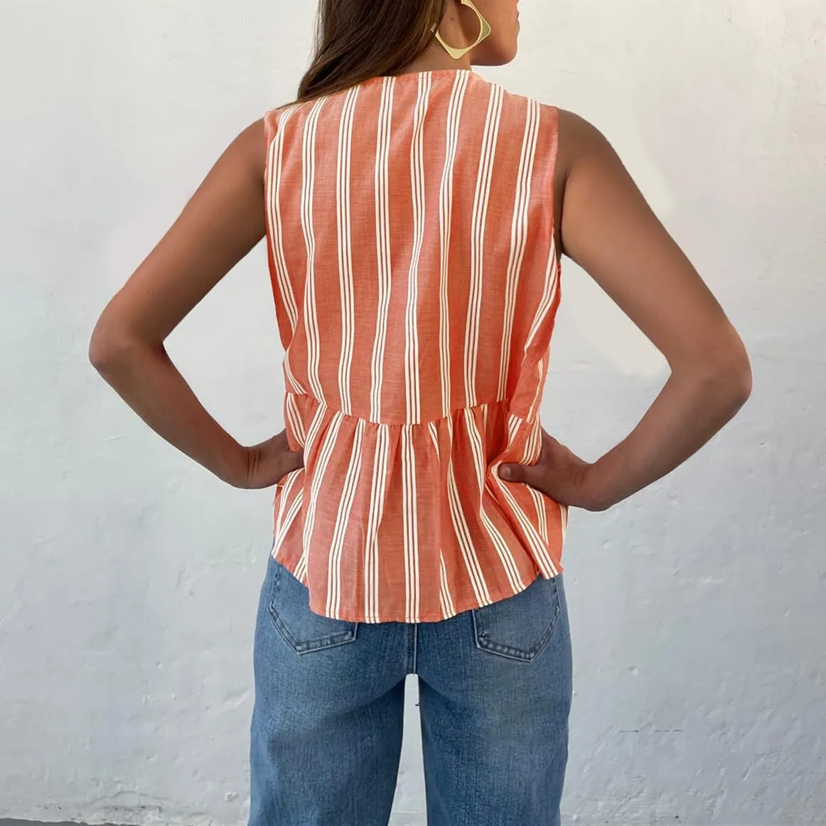Women Tie Front Tank Top Sleeveless Ruffle Hem Vest Striped Peplum Blouse Summer Open Front Going Out Streetwear