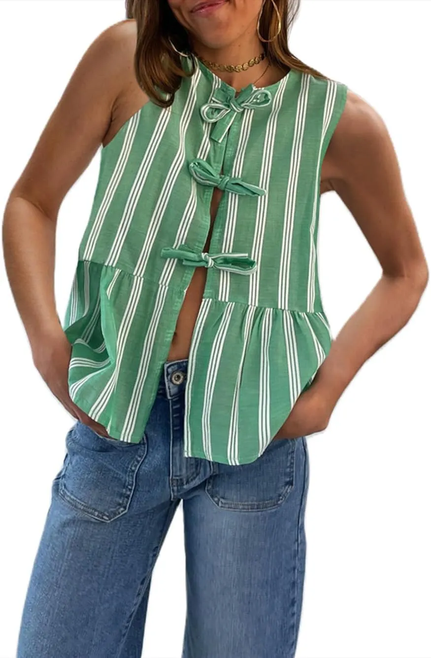 Women Tie Front Tank Top Sleeveless Ruffle Hem Vest Striped Peplum Blouse Summer Open Front Going Out Streetwear