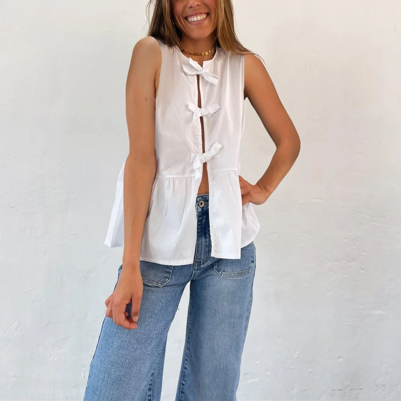 Women Tie Front Tank Top Sleeveless Ruffle Hem Vest Striped Peplum Blouse Summer Open Front Going Out Streetwear