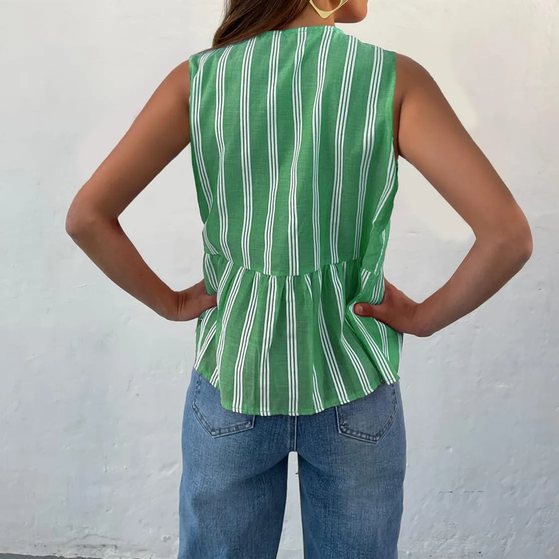 Women Tie Front Tank Top Sleeveless Ruffle Hem Vest Striped Peplum Blouse Summer Open Front Going Out Streetwear