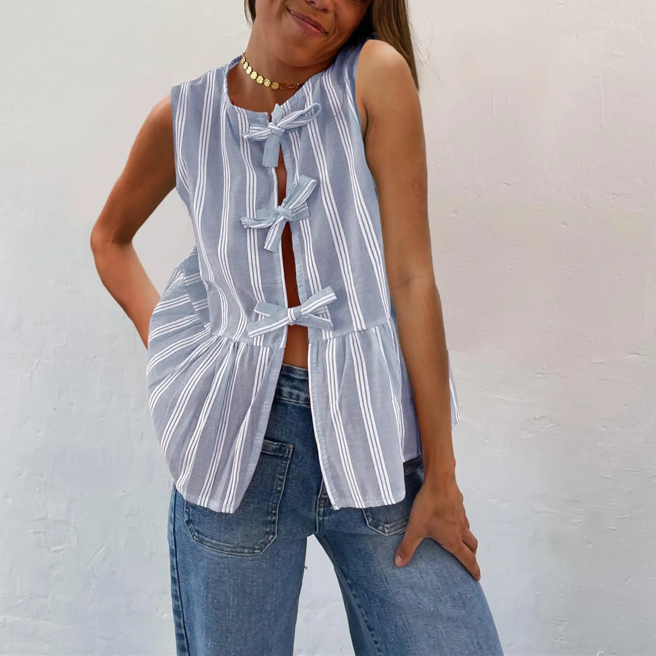 Women Tie Front Tank Top Sleeveless Ruffle Hem Vest Striped Peplum Blouse Summer Open Front Going Out Streetwear