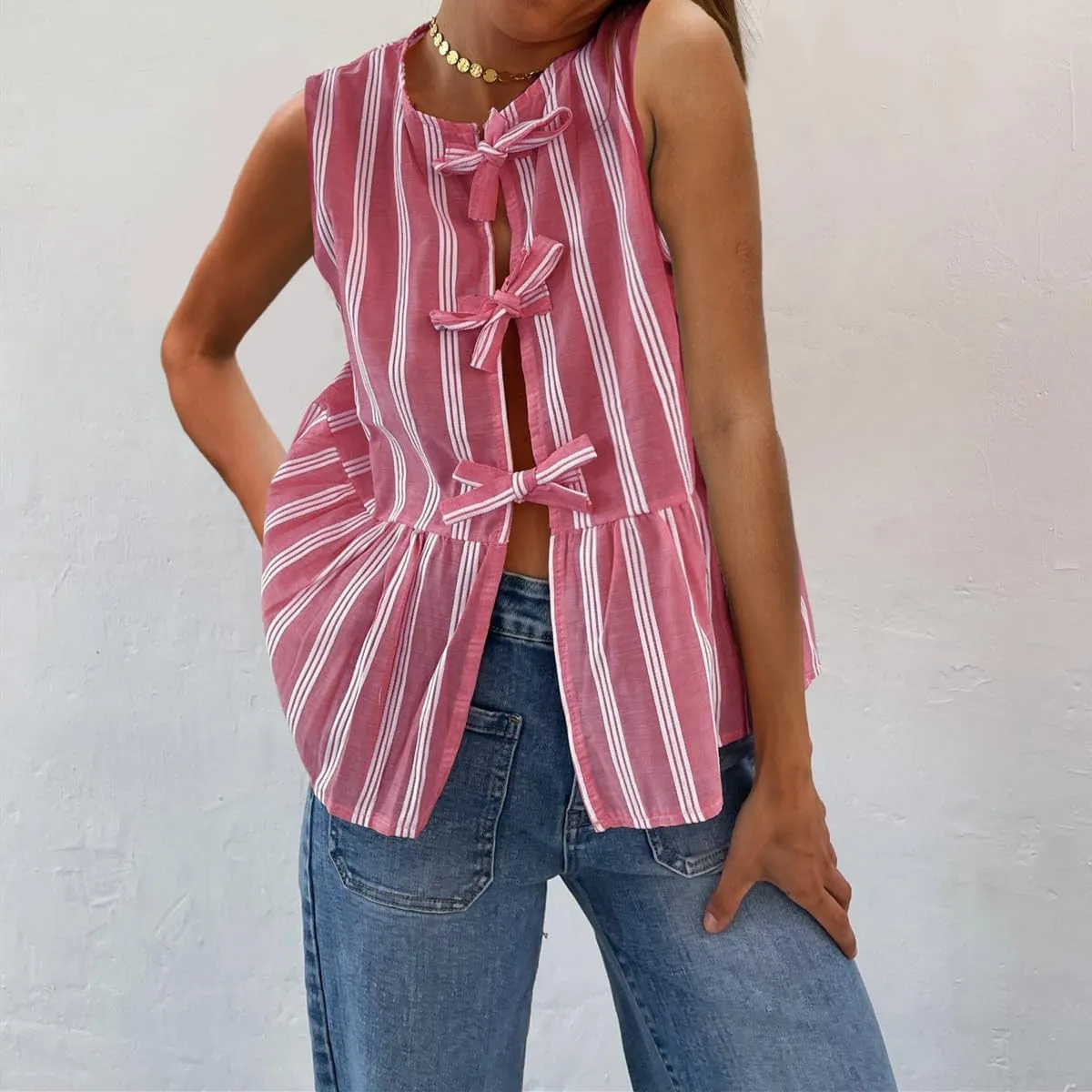 Women Tie Front Tank Top Sleeveless Ruffle Hem Vest Striped Peplum Blouse Summer Open Front Going Out Streetwear