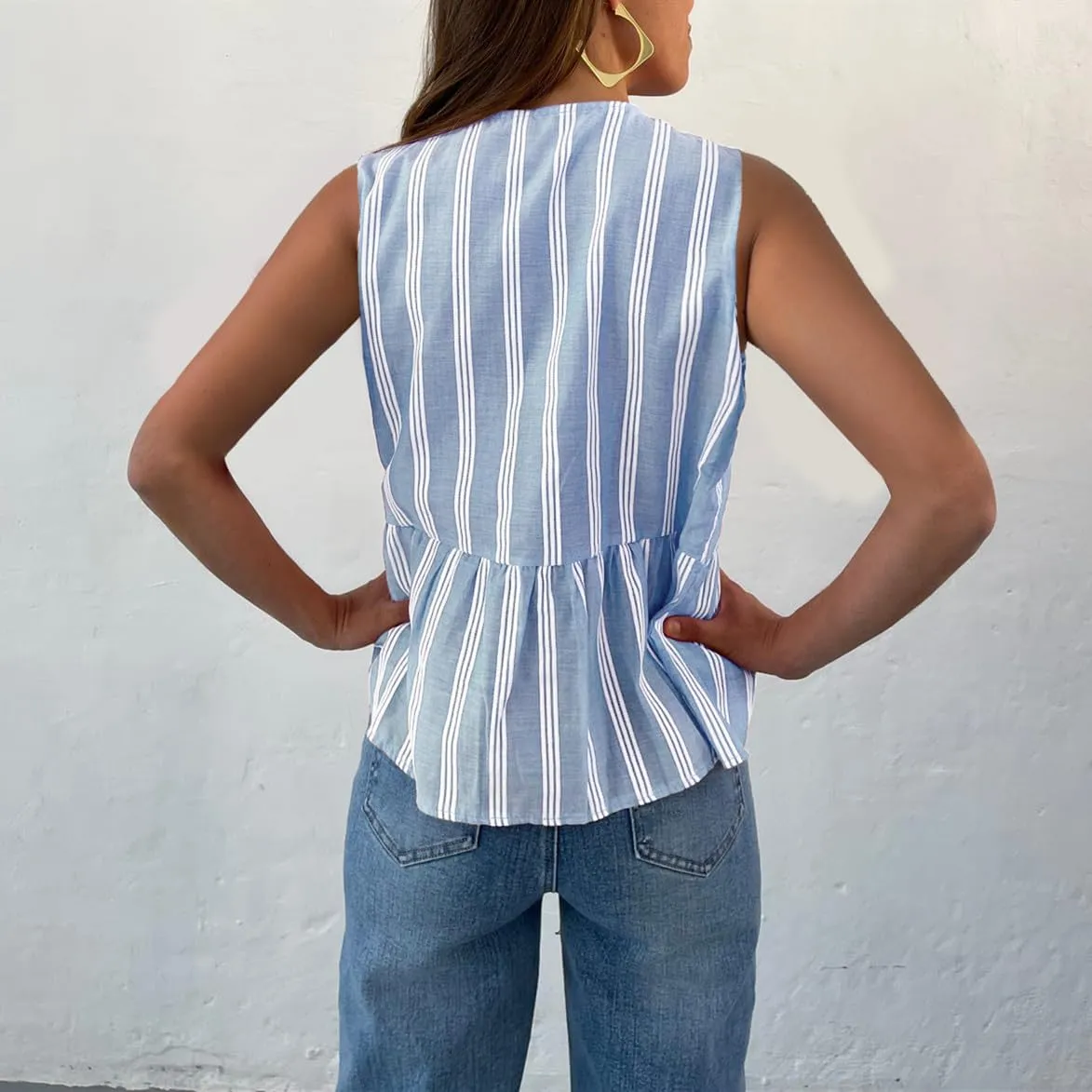 Women Tie Front Tank Top Sleeveless Ruffle Hem Vest Striped Peplum Blouse Summer Open Front Going Out Streetwear