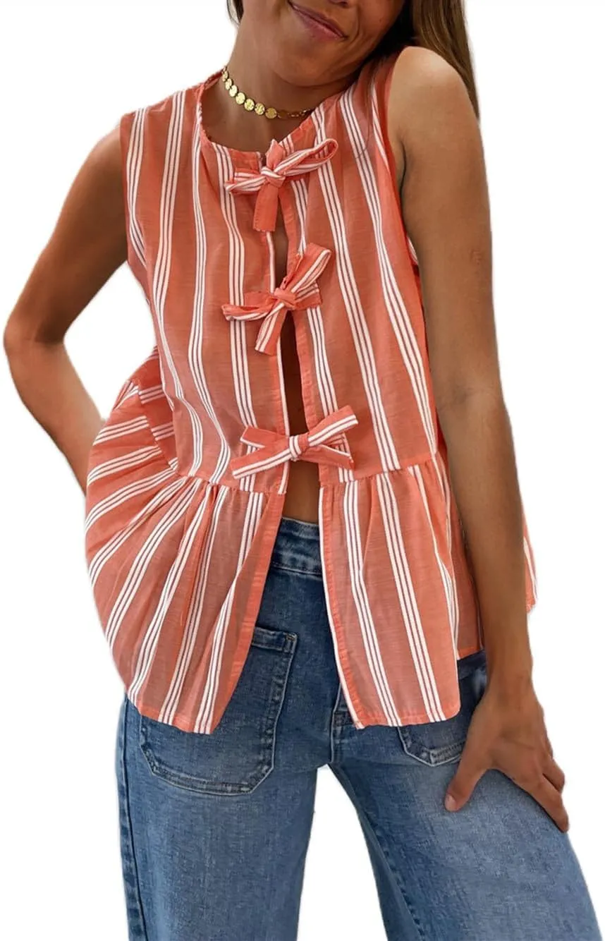 Women Tie Front Tank Top Sleeveless Ruffle Hem Vest Striped Peplum Blouse Summer Open Front Going Out Streetwear