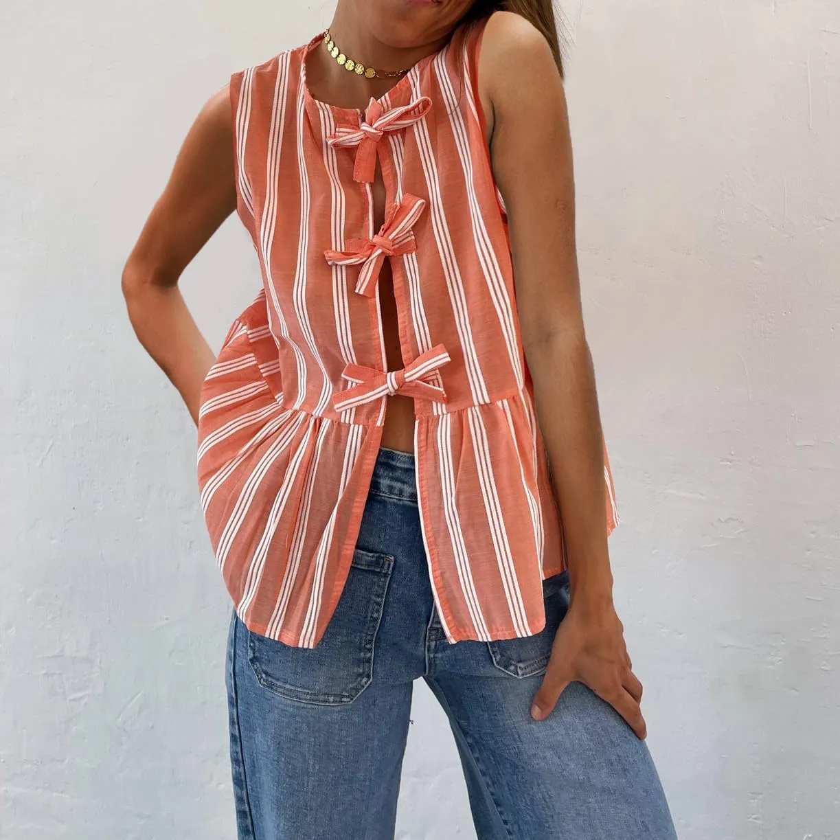 Women Tie Front Tank Top Sleeveless Ruffle Hem Vest Striped Peplum Blouse Summer Open Front Going Out Streetwear