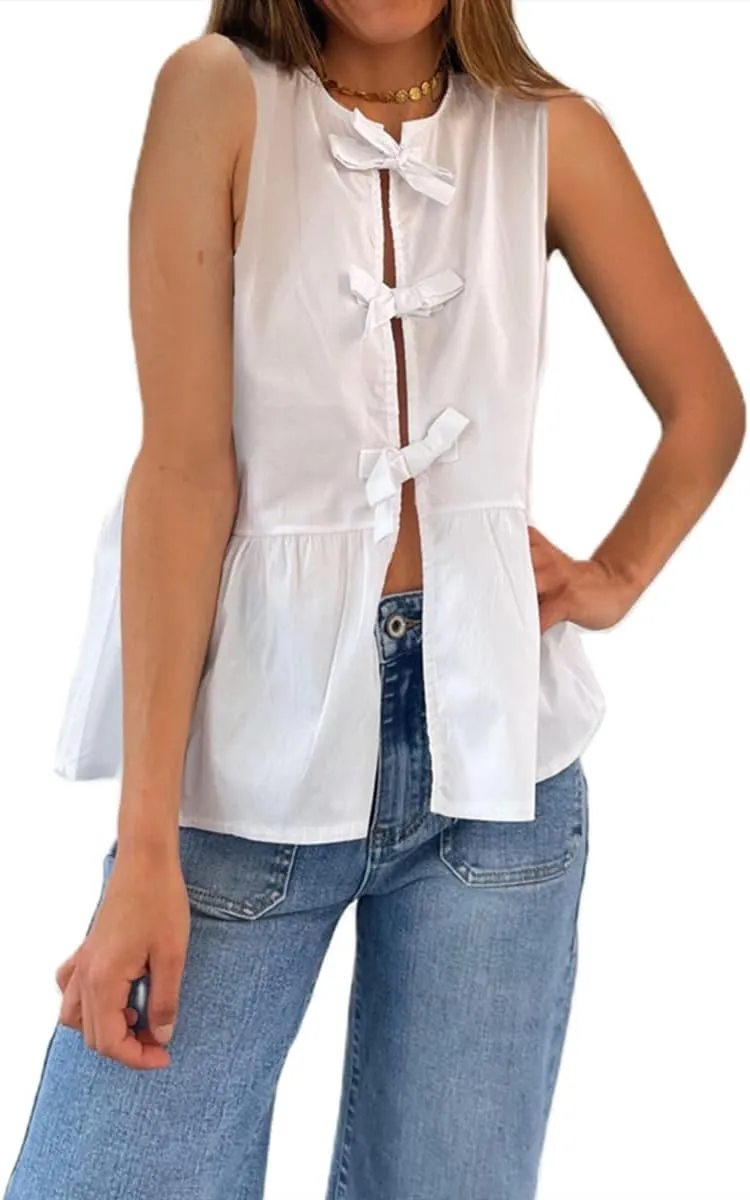 Women Tie Front Tank Top Sleeveless Ruffle Hem Vest Striped Peplum Blouse Summer Open Front Going Out Streetwear