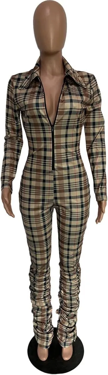 Women Women Sexy Jumpsuit Plaid Long Sleeves V Neck Grid Bodysuits Lady Fashion Playsuits