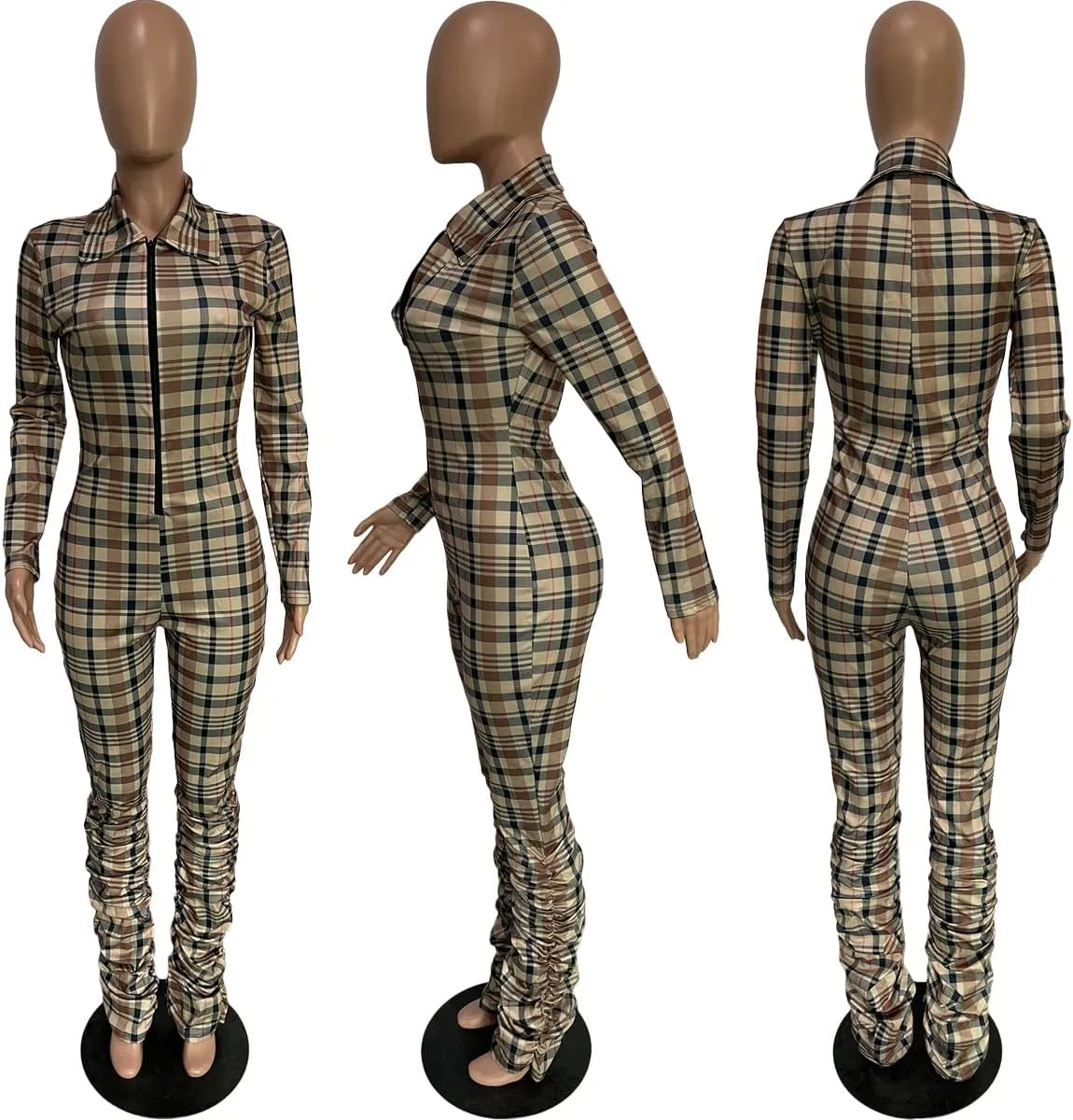 Women Women Sexy Jumpsuit Plaid Long Sleeves V Neck Grid Bodysuits Lady Fashion Playsuits
