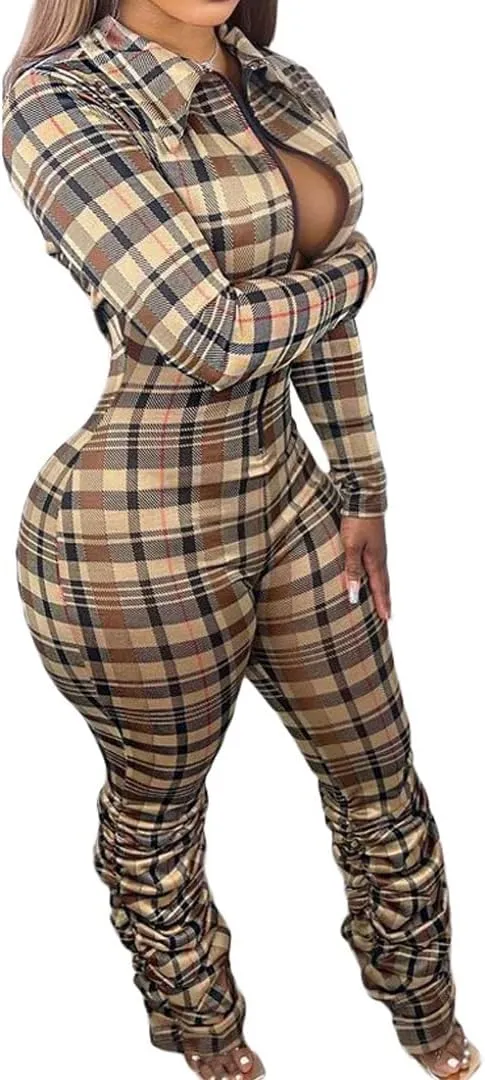 Women Women Sexy Jumpsuit Plaid Long Sleeves V Neck Grid Bodysuits Lady Fashion Playsuits