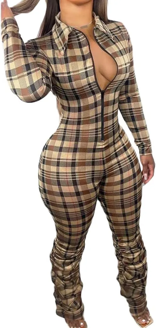 Women Women Sexy Jumpsuit Plaid Long Sleeves V Neck Grid Bodysuits Lady Fashion Playsuits