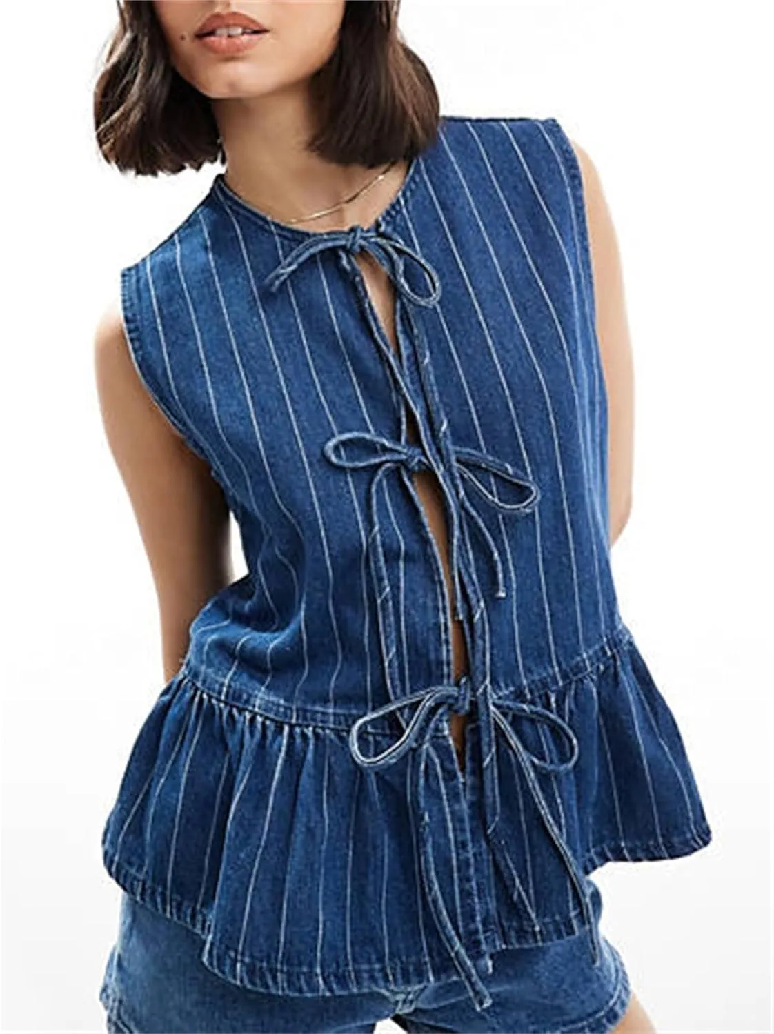 Women Y2k Peplum Tank Tops Tie Front Sleeveless Striped Ruffled Hem Babydoll Vest Shirts Summer Cute Going Out Top