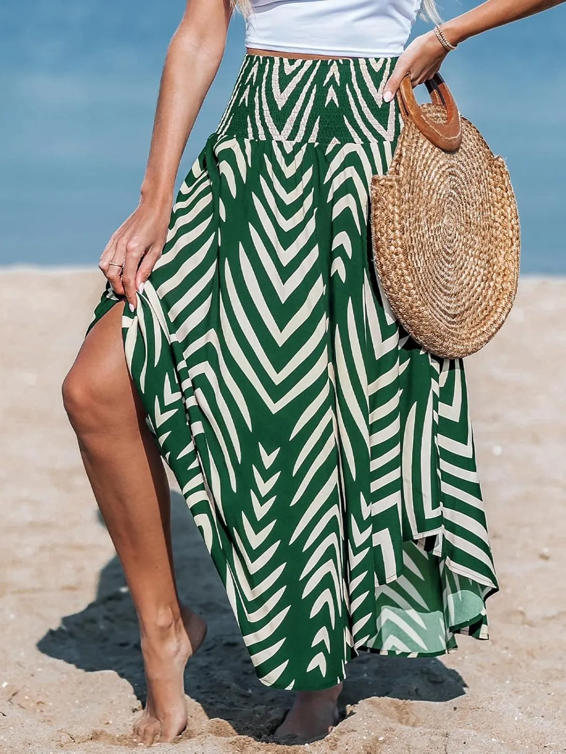 Women's Abstract Smocked Midi Skirt Smocked High Waist Maxi Tropical Skirt Casual Coverup Boho Long Skirts for Vacation