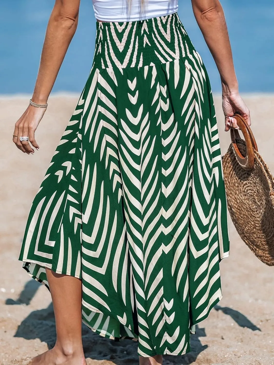 Women's Abstract Smocked Midi Skirt Smocked High Waist Maxi Tropical Skirt Casual Coverup Boho Long Skirts for Vacation