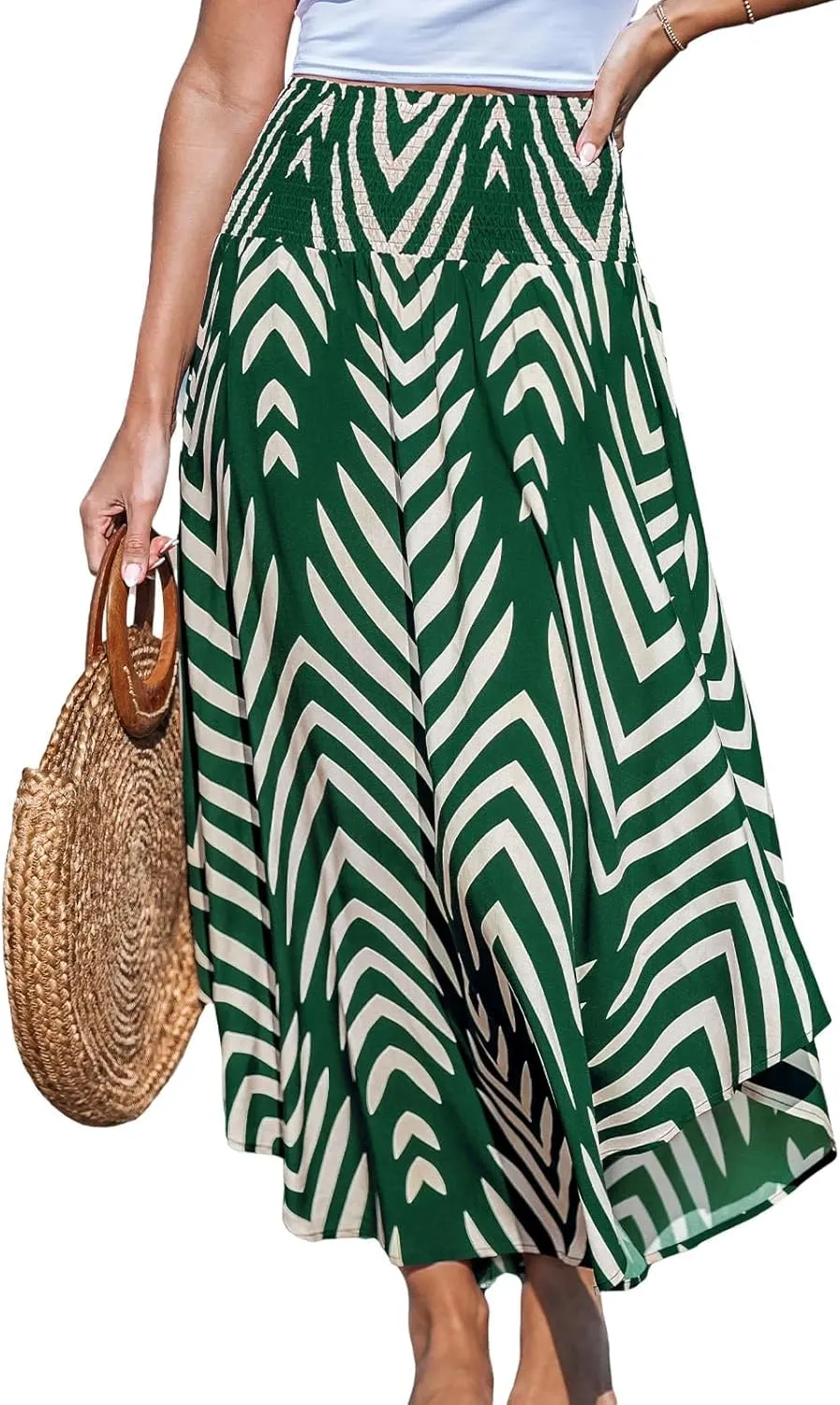Women's Abstract Smocked Midi Skirt Smocked High Waist Maxi Tropical Skirt Casual Coverup Boho Long Skirts for Vacation