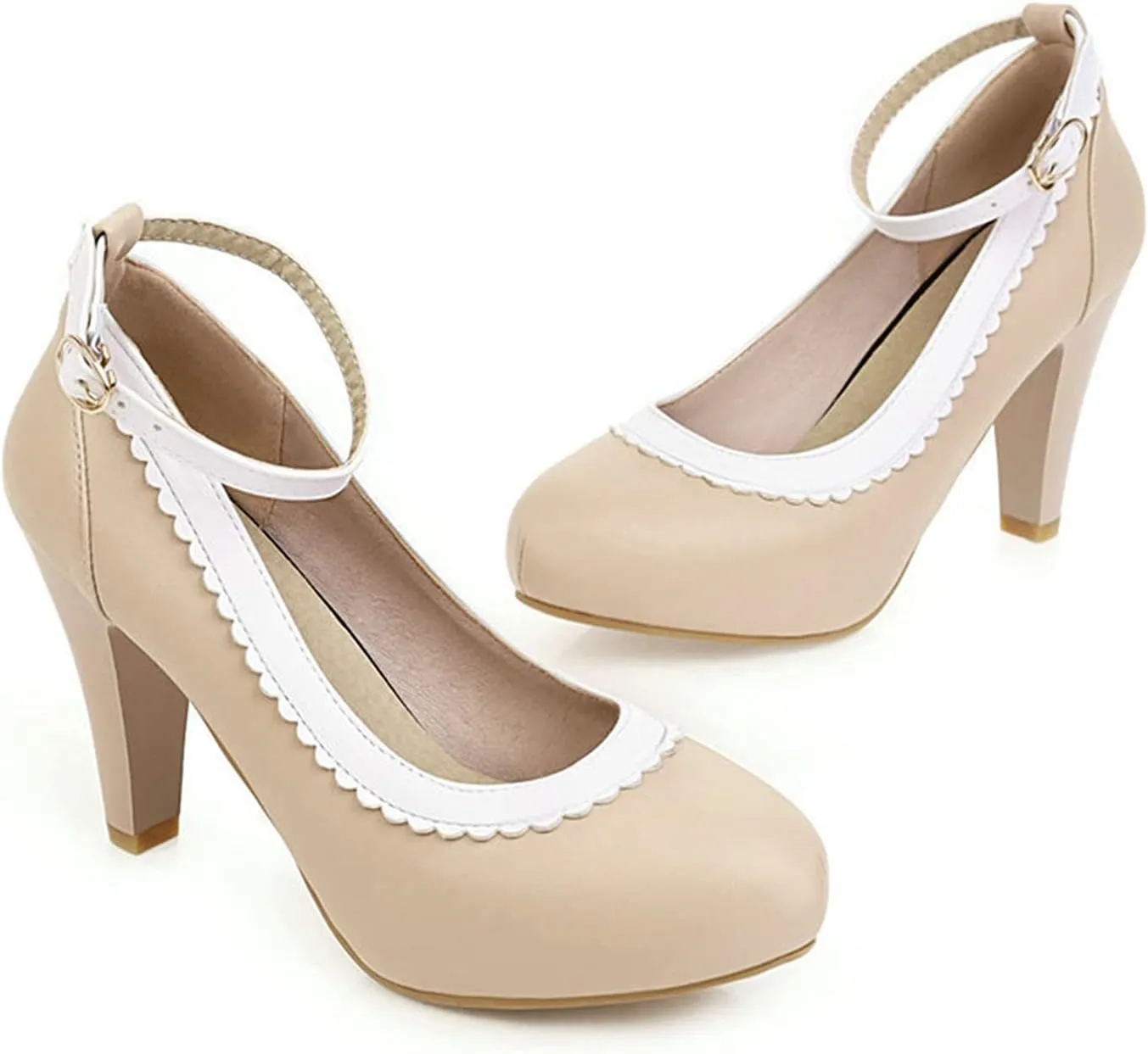 Women's Ankle Buckle Strap Dress Pumps Round Toe Two Tone Non Slip Kitten High Heel Work Shoes