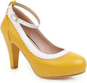 Women's Ankle Buckle Strap Dress Pumps Round Toe Two Tone Non Slip Kitten High Heel Work Shoes