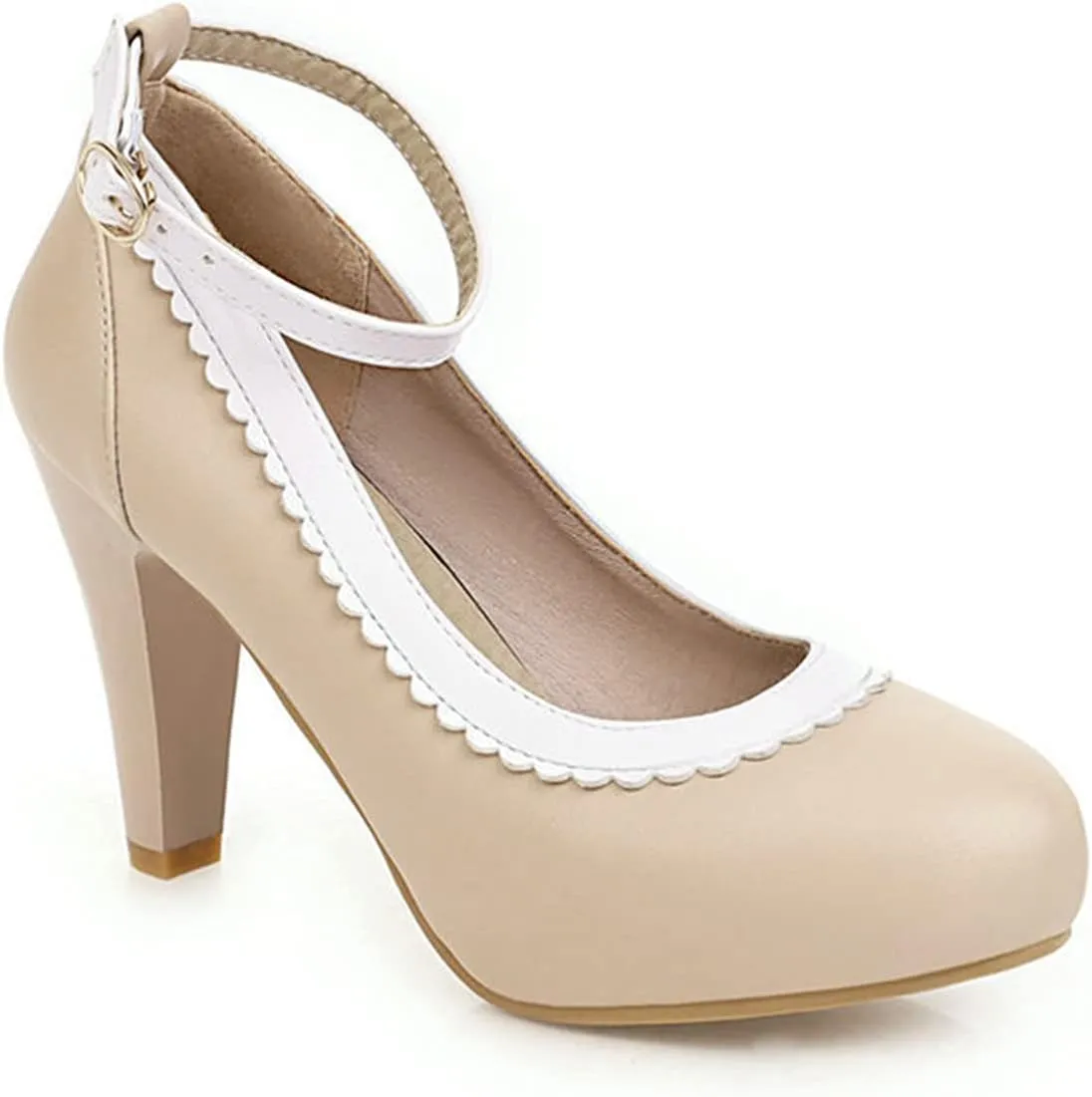 Women's Ankle Buckle Strap Dress Pumps Round Toe Two Tone Non Slip Kitten High Heel Work Shoes
