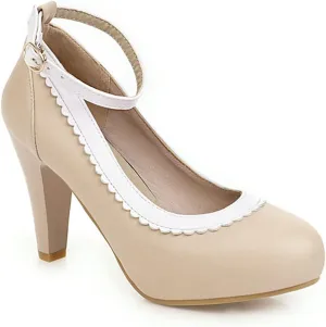 Women's Ankle Buckle Strap Dress Pumps Round Toe Two Tone Non Slip Kitten High Heel Work Shoes