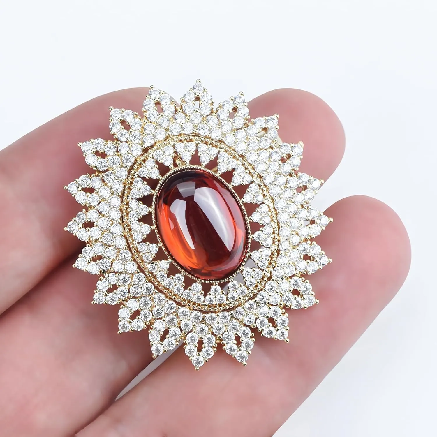 Women's Antique Classic Geometric Oval Shaped Hollowed Out Crystal Flower Filigree Brooch Pin Banquet Wedding Jewelry