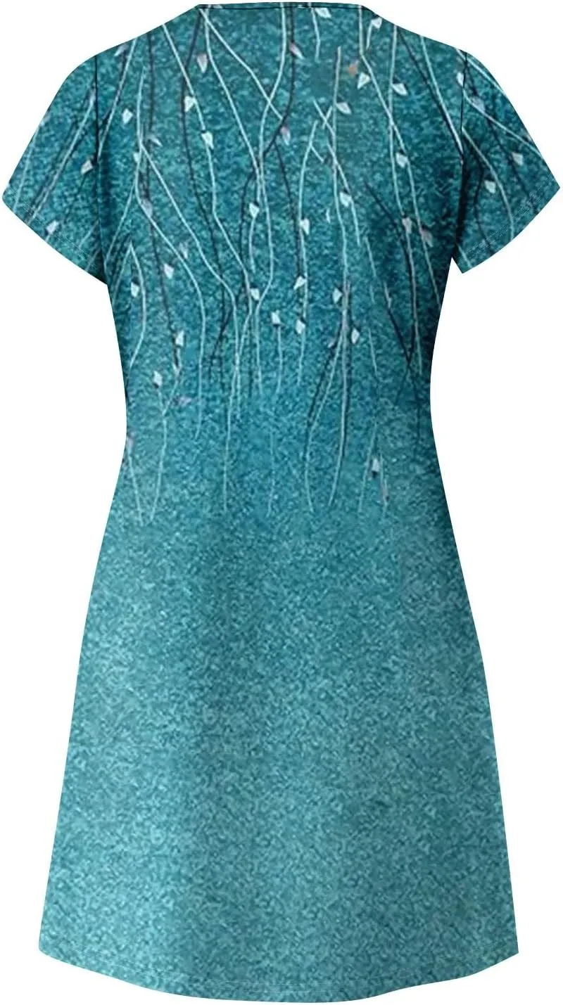 Women's Bohemian Floral Print Summer Dress with Pockets Short Sleeve V-Neck Casual Loose Fit Sundress