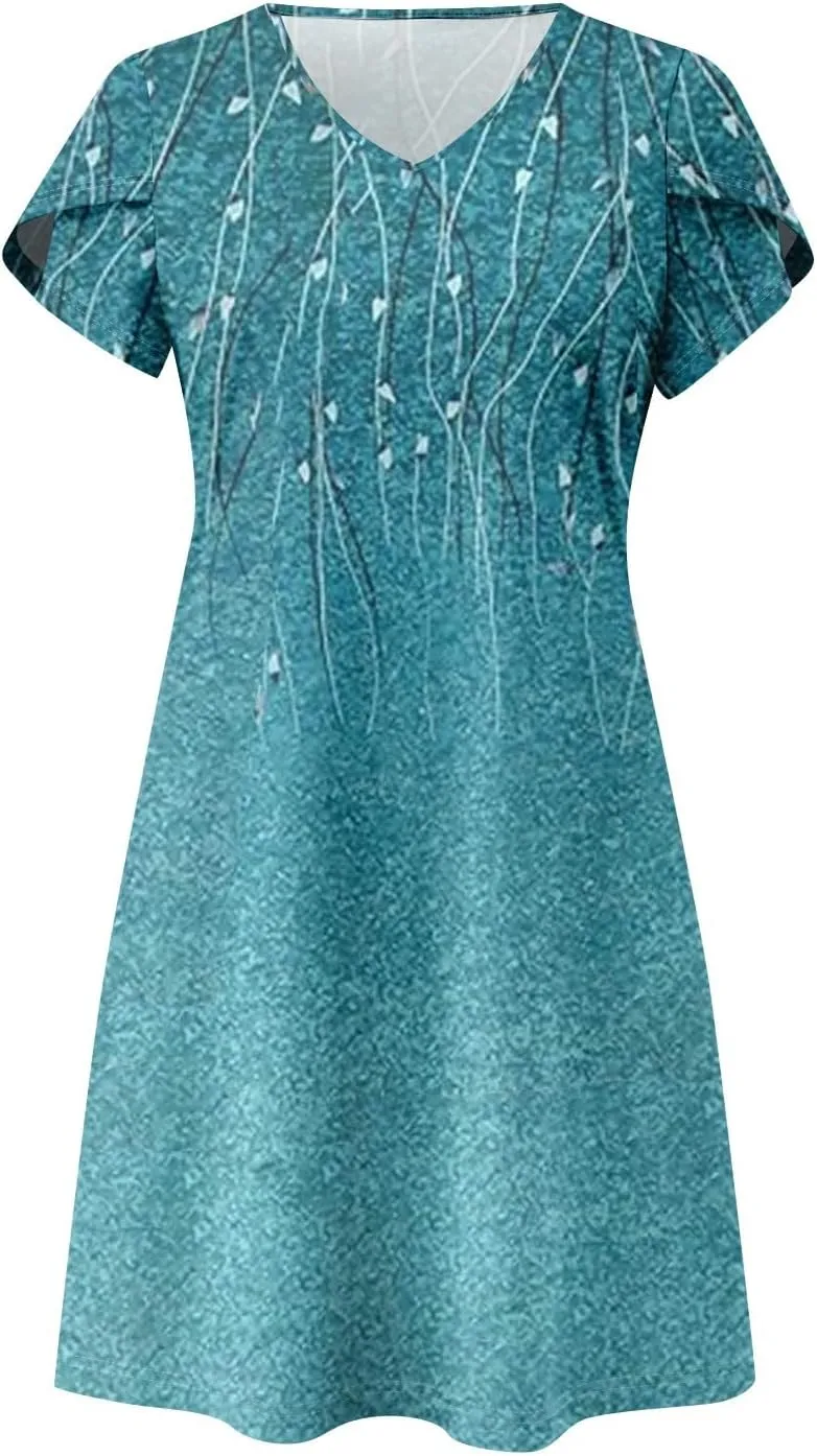 Women's Bohemian Floral Print Summer Dress with Pockets Short Sleeve V-Neck Casual Loose Fit Sundress