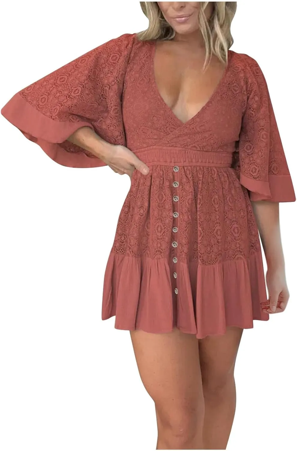 Women's Boho Lace Dress Sexy Deep V-Neck Bell Sleeve Button Front Elastic Waist Ruffle Hem Short Mini Dresses