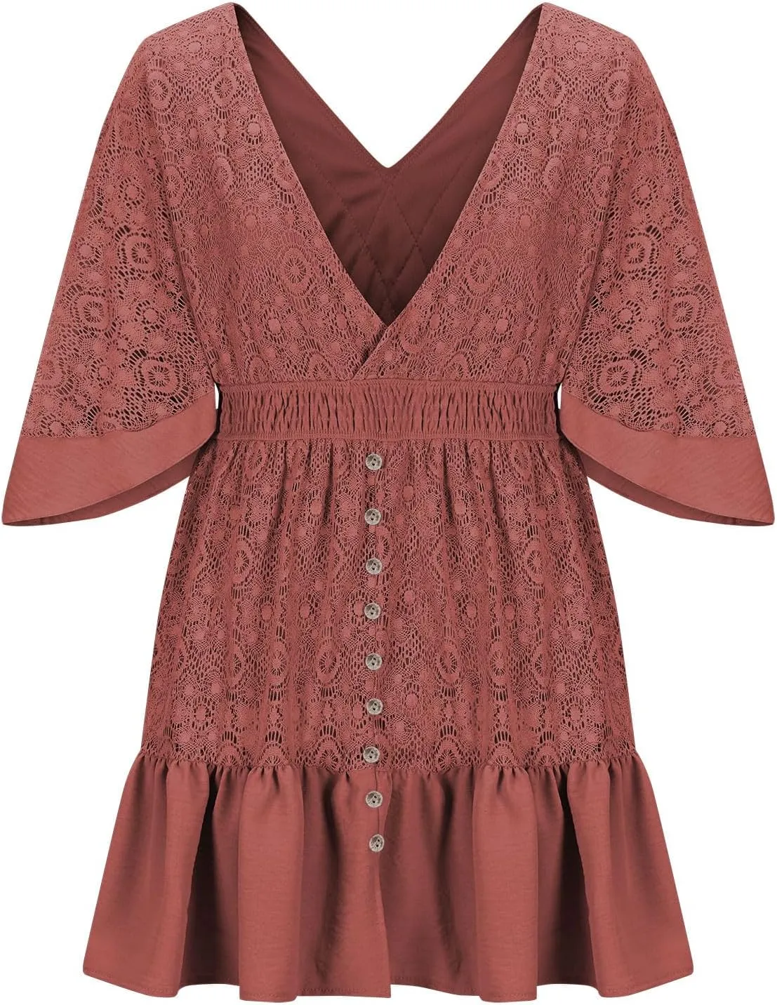 Women's Boho Lace Dress Sexy Deep V-Neck Bell Sleeve Button Front Elastic Waist Ruffle Hem Short Mini Dresses