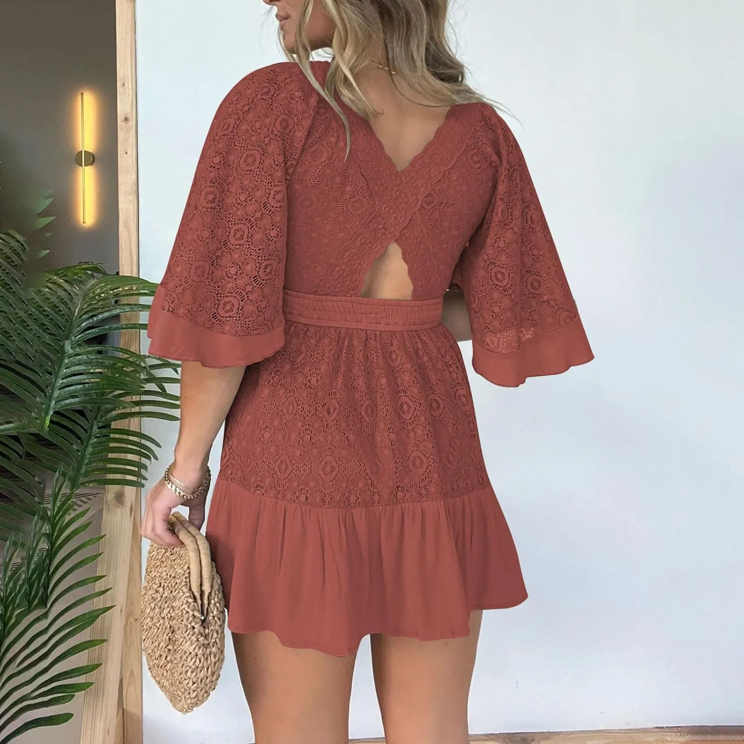 Women's Boho Lace Dress Sexy Deep V-Neck Bell Sleeve Button Front Elastic Waist Ruffle Hem Short Mini Dresses