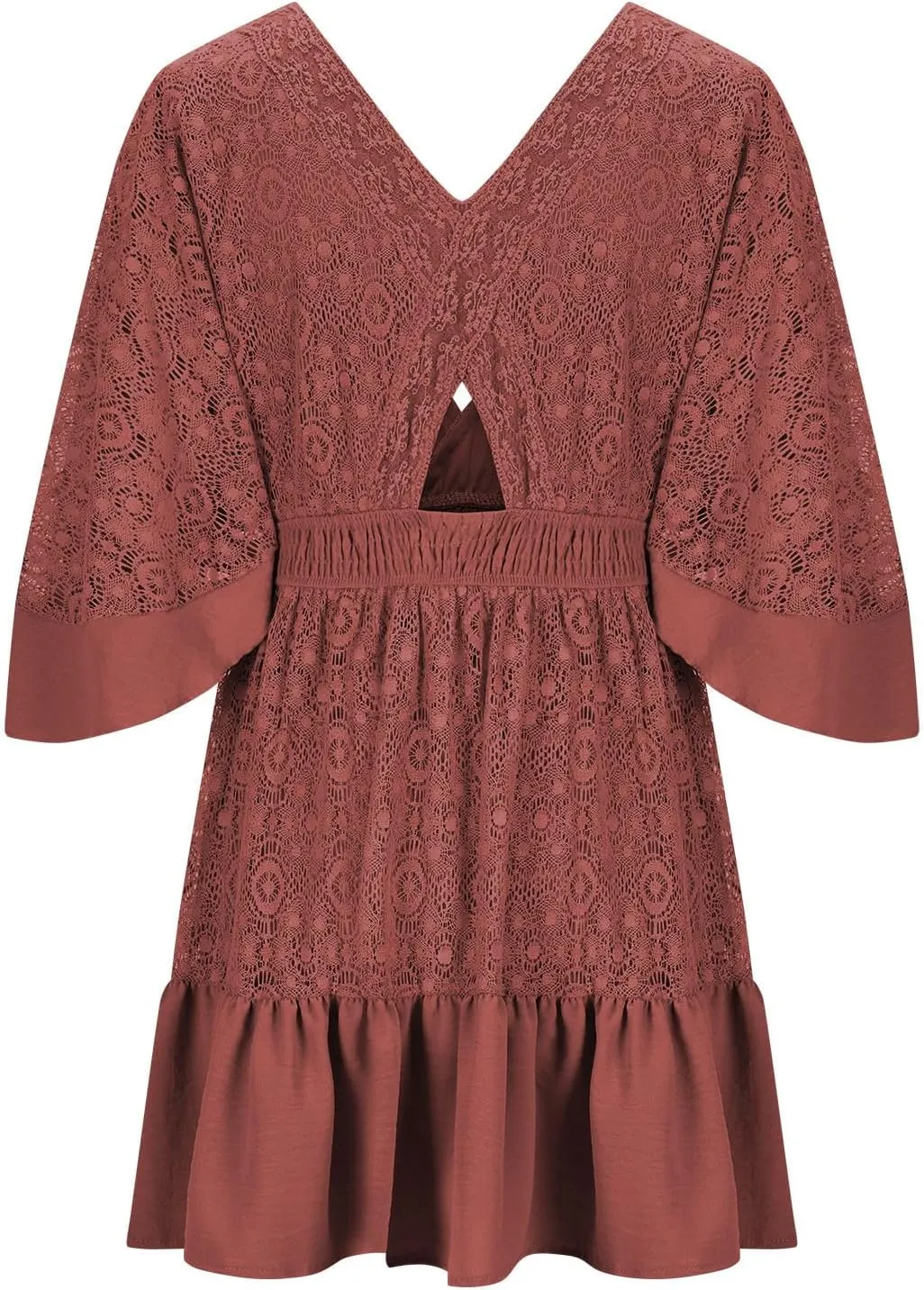 Women's Boho Lace Dress Sexy Deep V-Neck Bell Sleeve Button Front Elastic Waist Ruffle Hem Short Mini Dresses