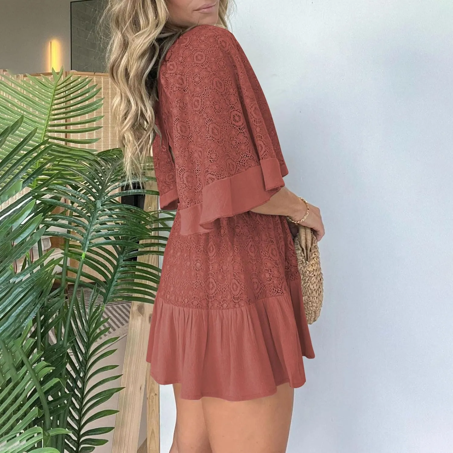 Women's Boho Lace Dress Sexy Deep V-Neck Bell Sleeve Button Front Elastic Waist Ruffle Hem Short Mini Dresses