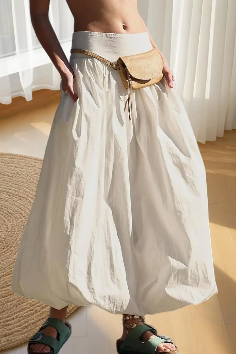 Women's Bubble Maxi Skirts Y2k a Line Long Skirt, Low Elastic Waist a Line Long Skirt Casual Ruffle Pleated Midi Dress