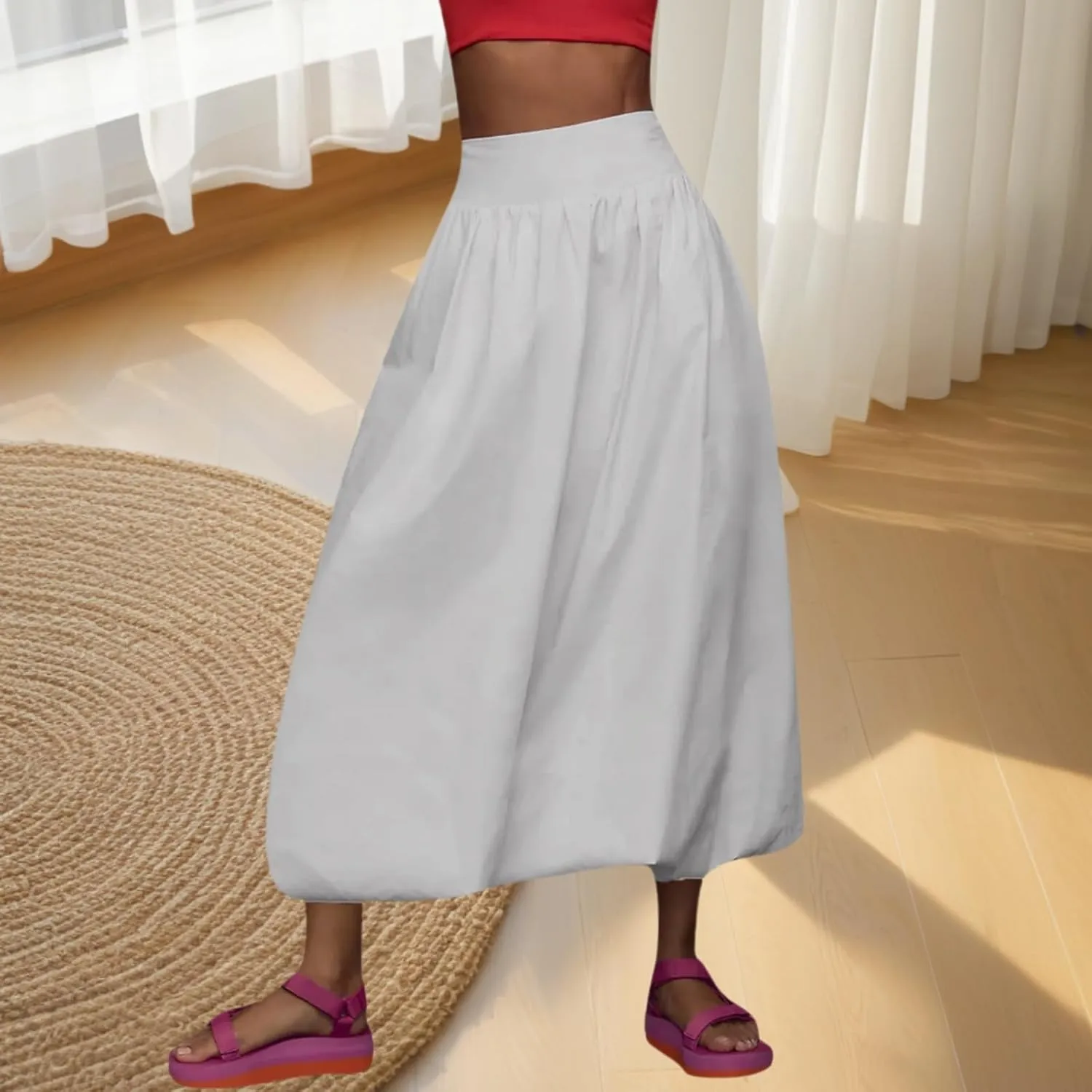 Women's Bubble Maxi Skirts Y2k a Line Long Skirt, Low Elastic Waist a Line Long Skirt Casual Ruffle Pleated Midi Dress