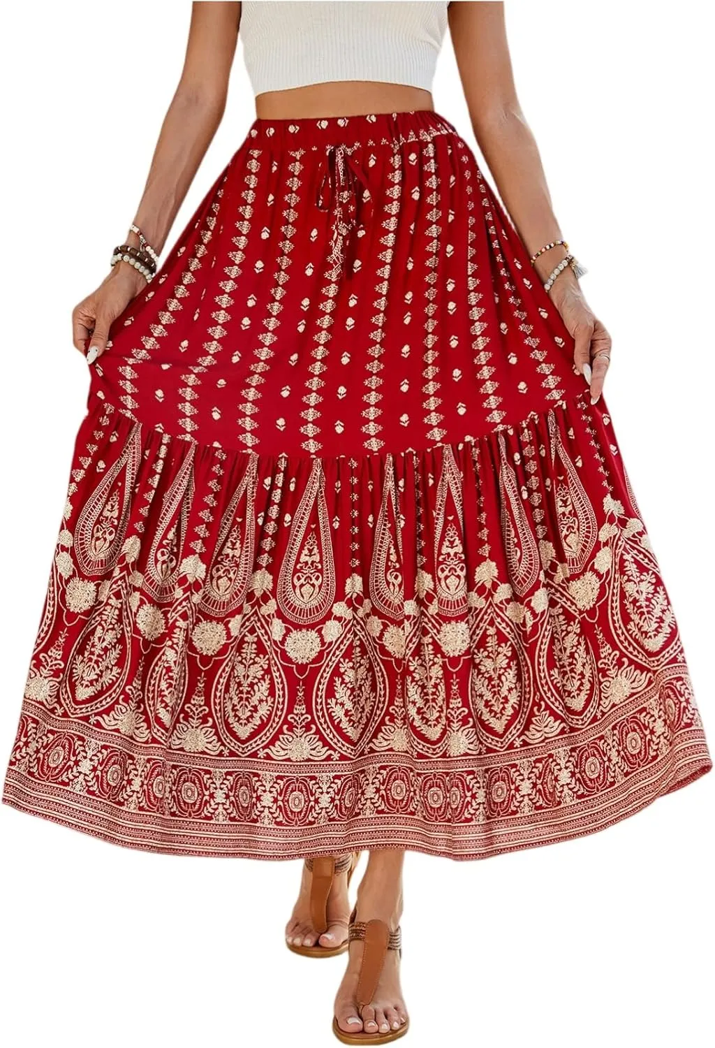 Womens Casual Boho High Waisted Flowy Maxi Skirts 2025 Summer Trendy Floral A Line Tiered Long Skirt