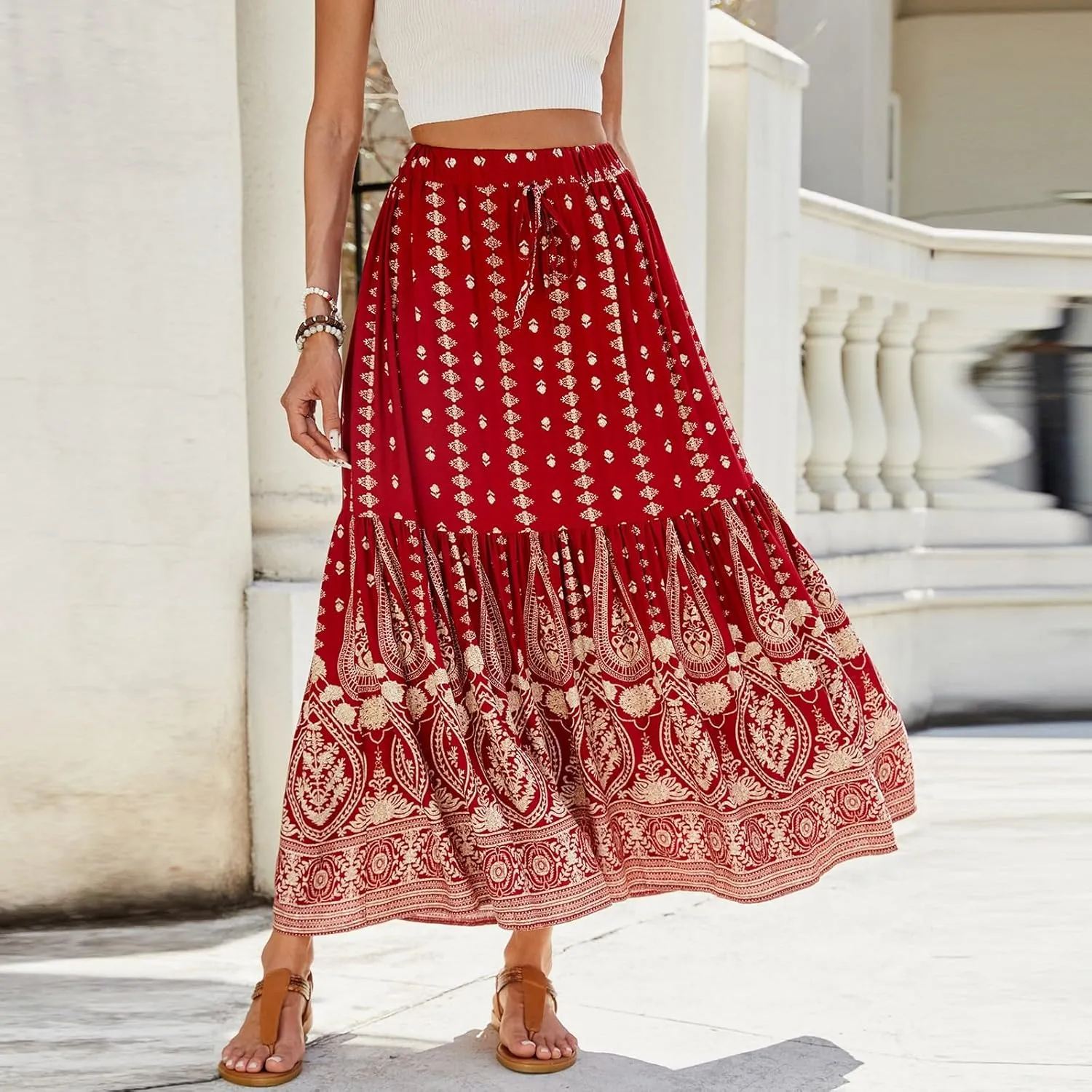 Womens Casual Boho High Waisted Flowy Maxi Skirts 2025 Summer Trendy Floral A Line Tiered Long Skirt