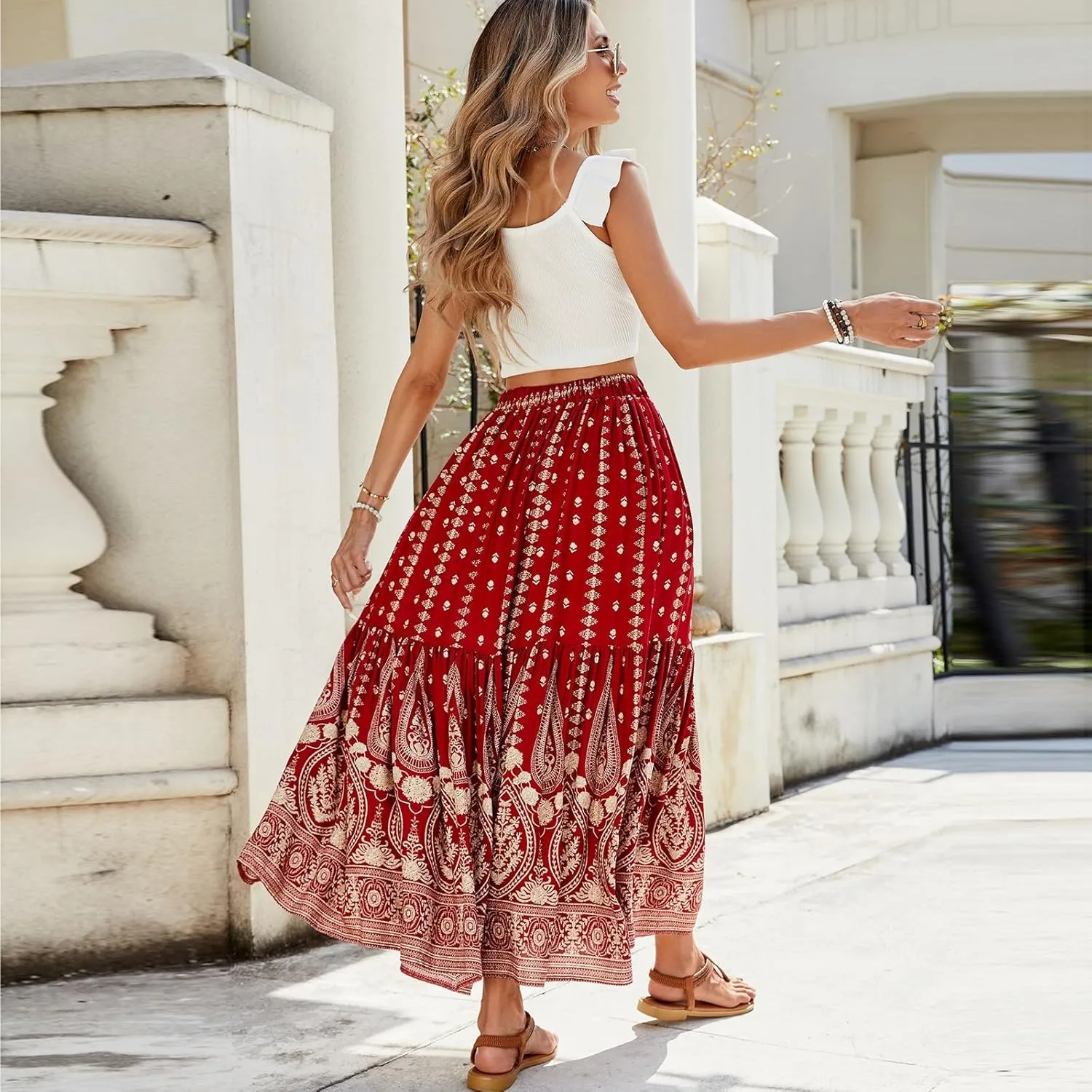 Womens Casual Boho High Waisted Flowy Maxi Skirts 2025 Summer Trendy Floral A Line Tiered Long Skirt