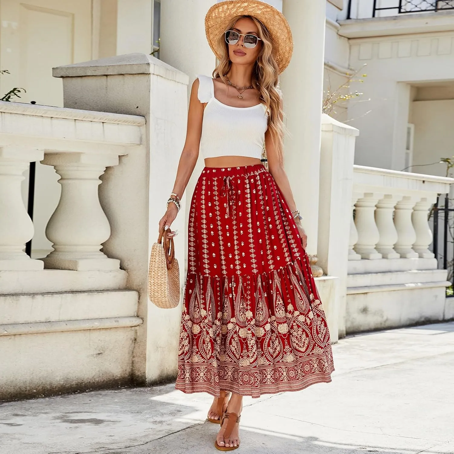 Womens Casual Boho High Waisted Flowy Maxi Skirts 2025 Summer Trendy Floral A Line Tiered Long Skirt