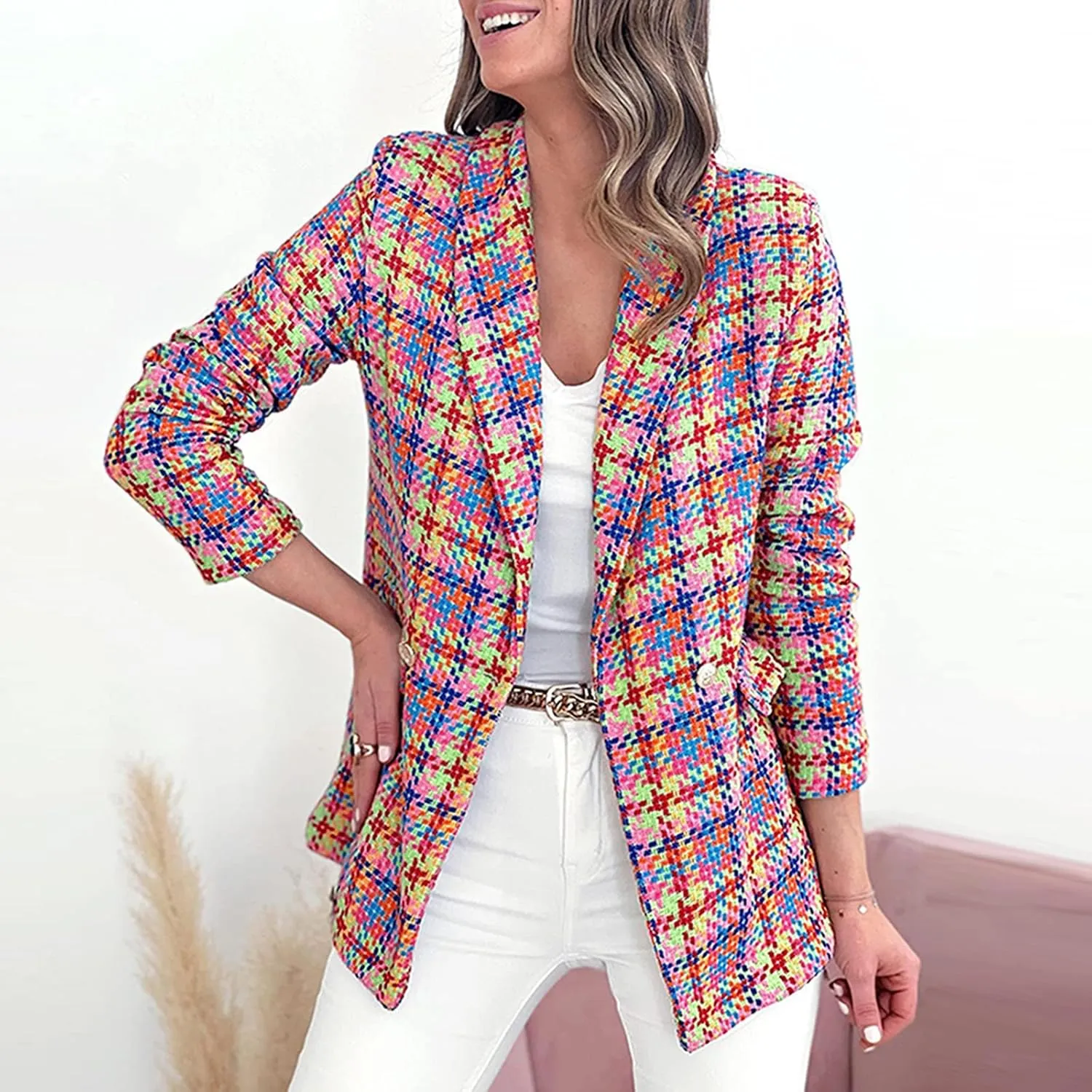 Womens Casual Light Weight Thin Jacket Slim Coat Long Sleeve Blazer Office Business Coats Plaid Down Lightweight Women