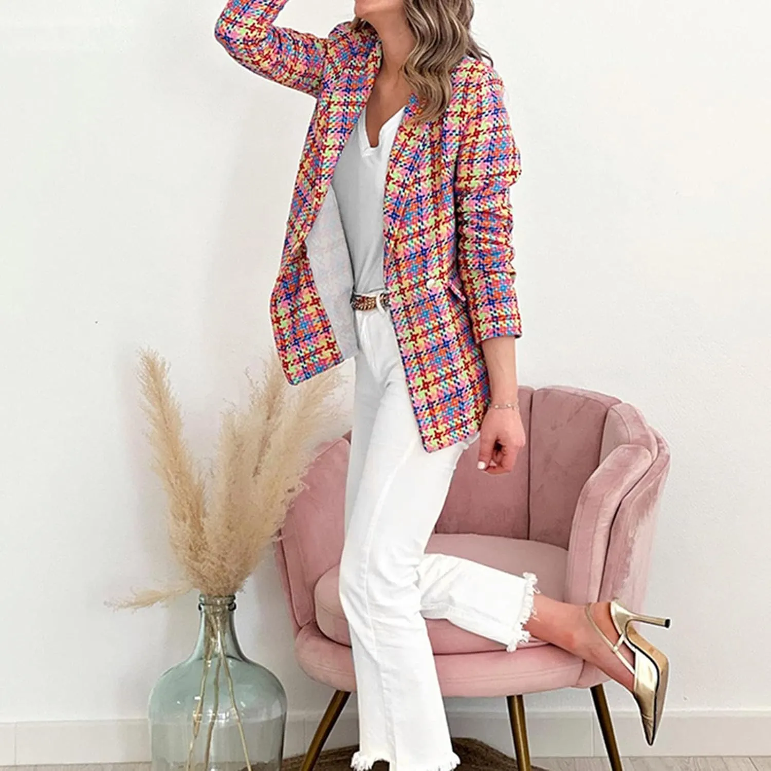 Womens Casual Light Weight Thin Jacket Slim Coat Long Sleeve Blazer Office Business Coats Plaid Down Lightweight Women