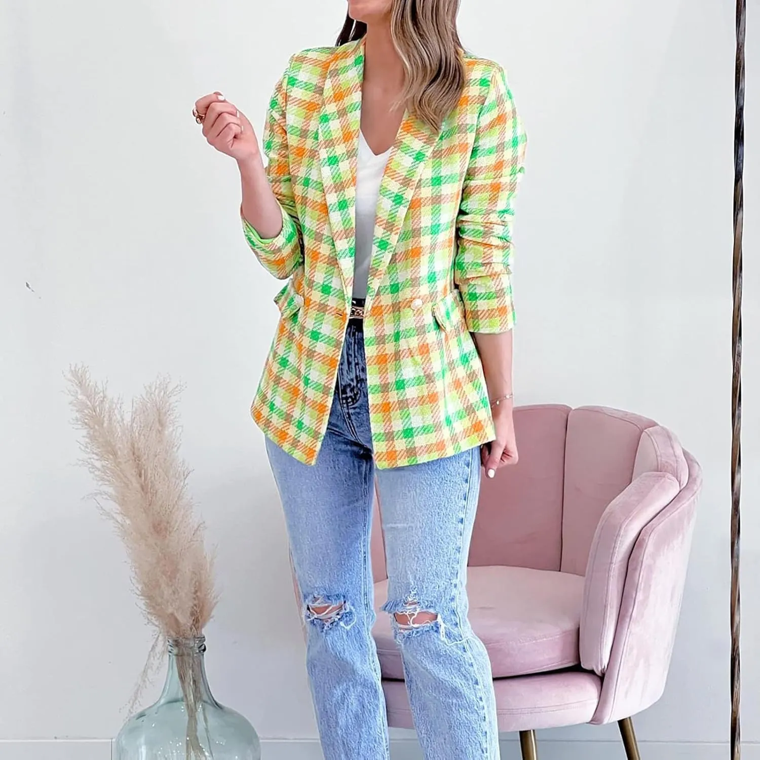 Womens Casual Light Weight Thin Jacket Slim Coat Long Sleeve Blazer Office Business Coats Plaid Down Lightweight Women