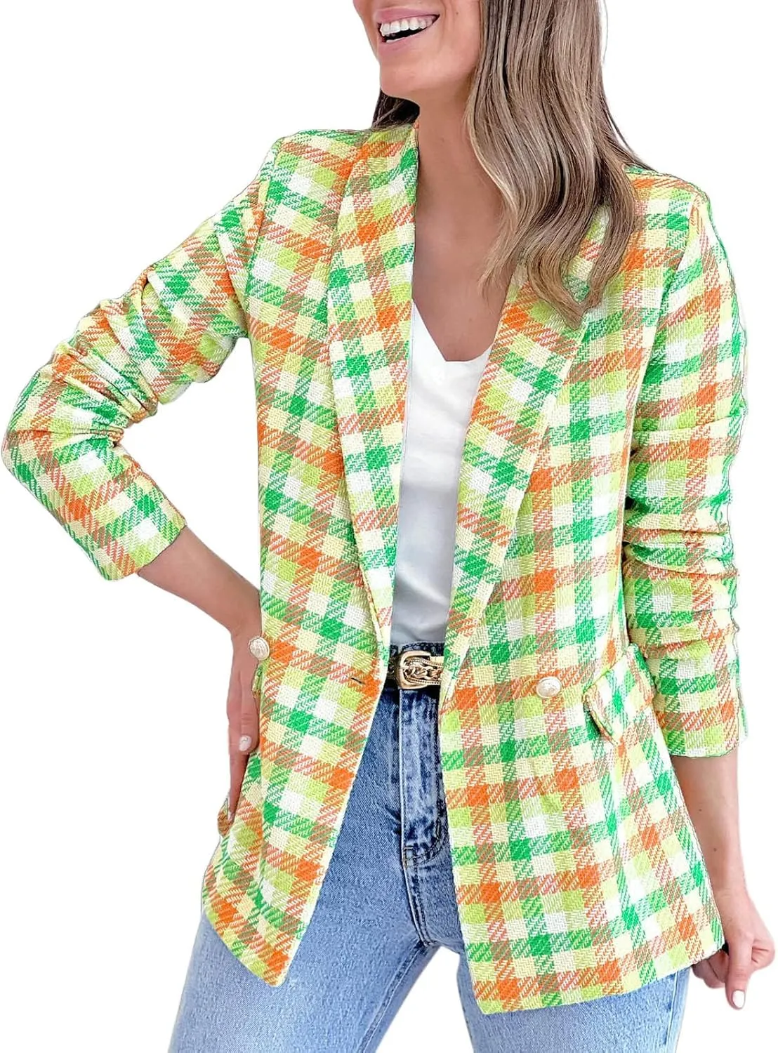 Womens Casual Light Weight Thin Jacket Slim Coat Long Sleeve Blazer Office Business Coats Plaid Down Lightweight Women