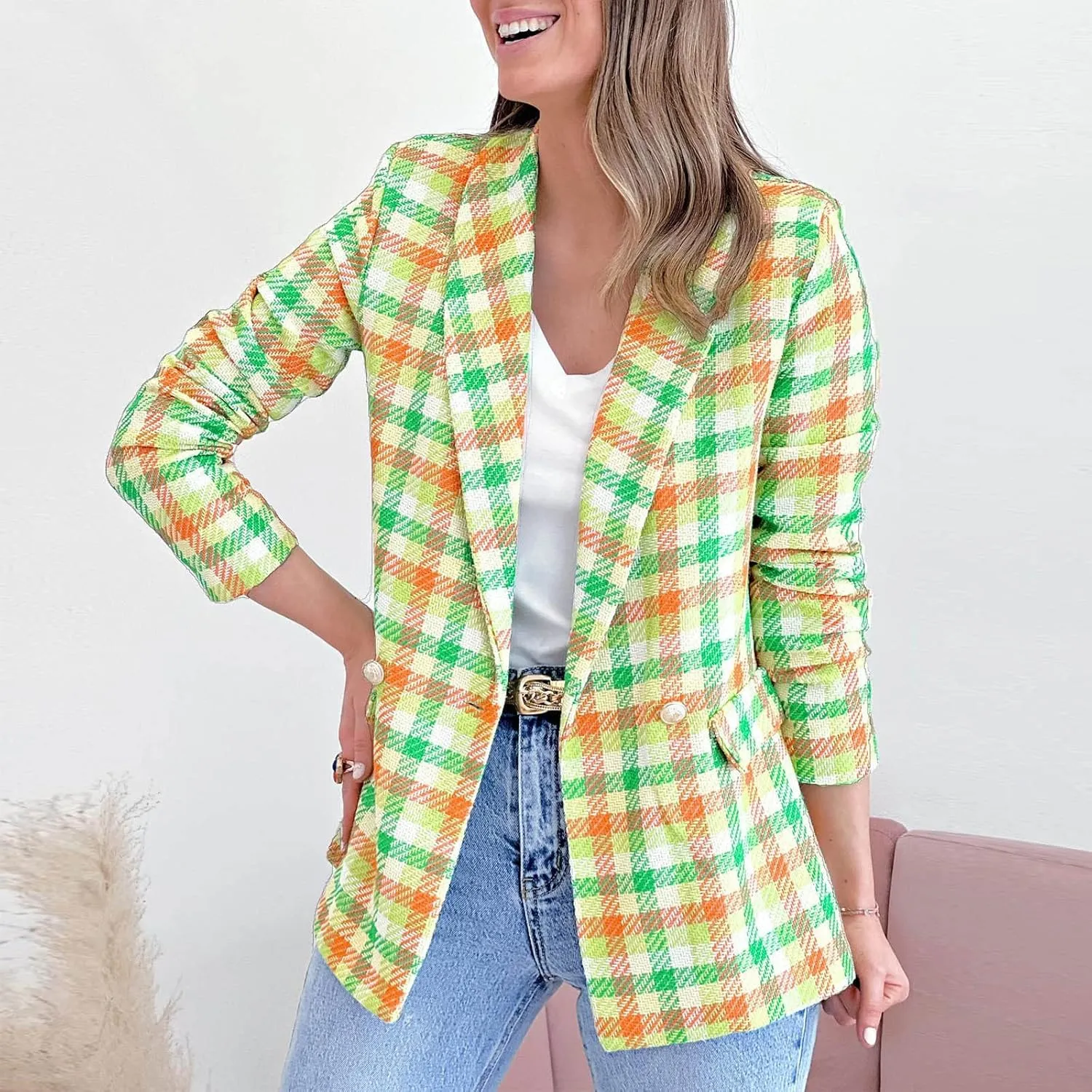 Womens Casual Light Weight Thin Jacket Slim Coat Long Sleeve Blazer Office Business Coats Plaid Down Lightweight Women
