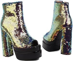 Women's Chunky Heel High Heels Platform Square Open Toe Side Zip Sequin Fashion Booties Dress Nightclub Party Shoes 5.7Inch Heel