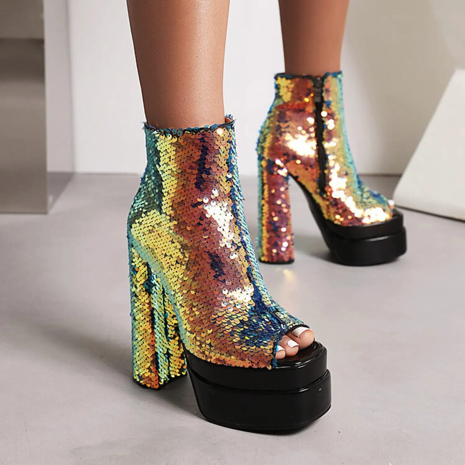 Women's Chunky Heel High Heels Platform Square Open Toe Side Zip Sequin Fashion Booties Dress Nightclub Party Shoes 5.7Inch Heel