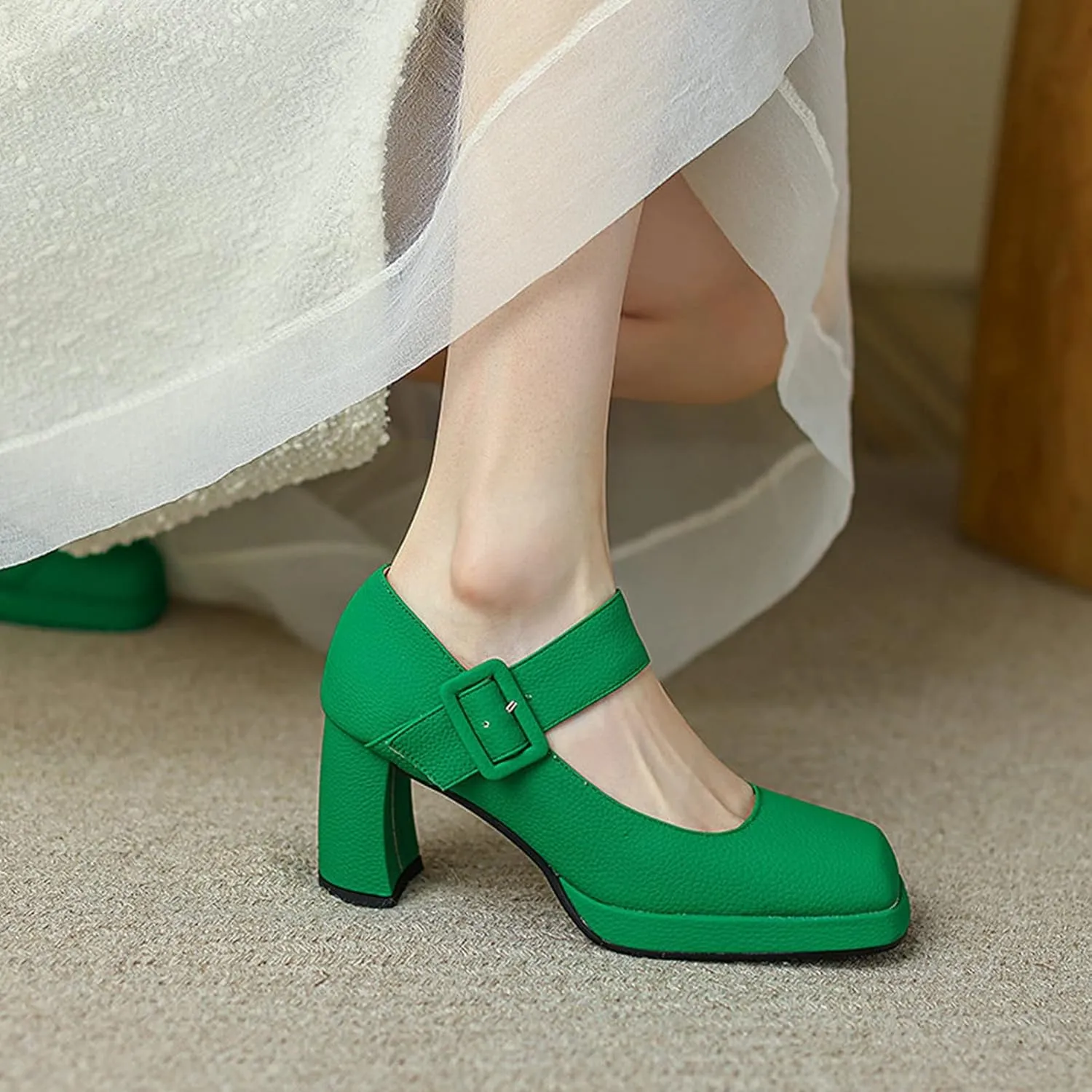 Women's Classic Mary Jane Pumps Platform Chunky High Heel Square Toe Ankle Buckle Strap Dress Shoes
