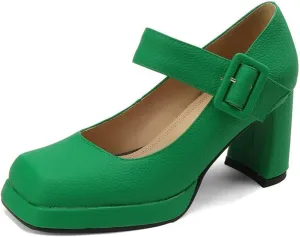Women's Classic Mary Jane Pumps Platform Chunky High Heel Square Toe Ankle Buckle Strap Dress Shoes