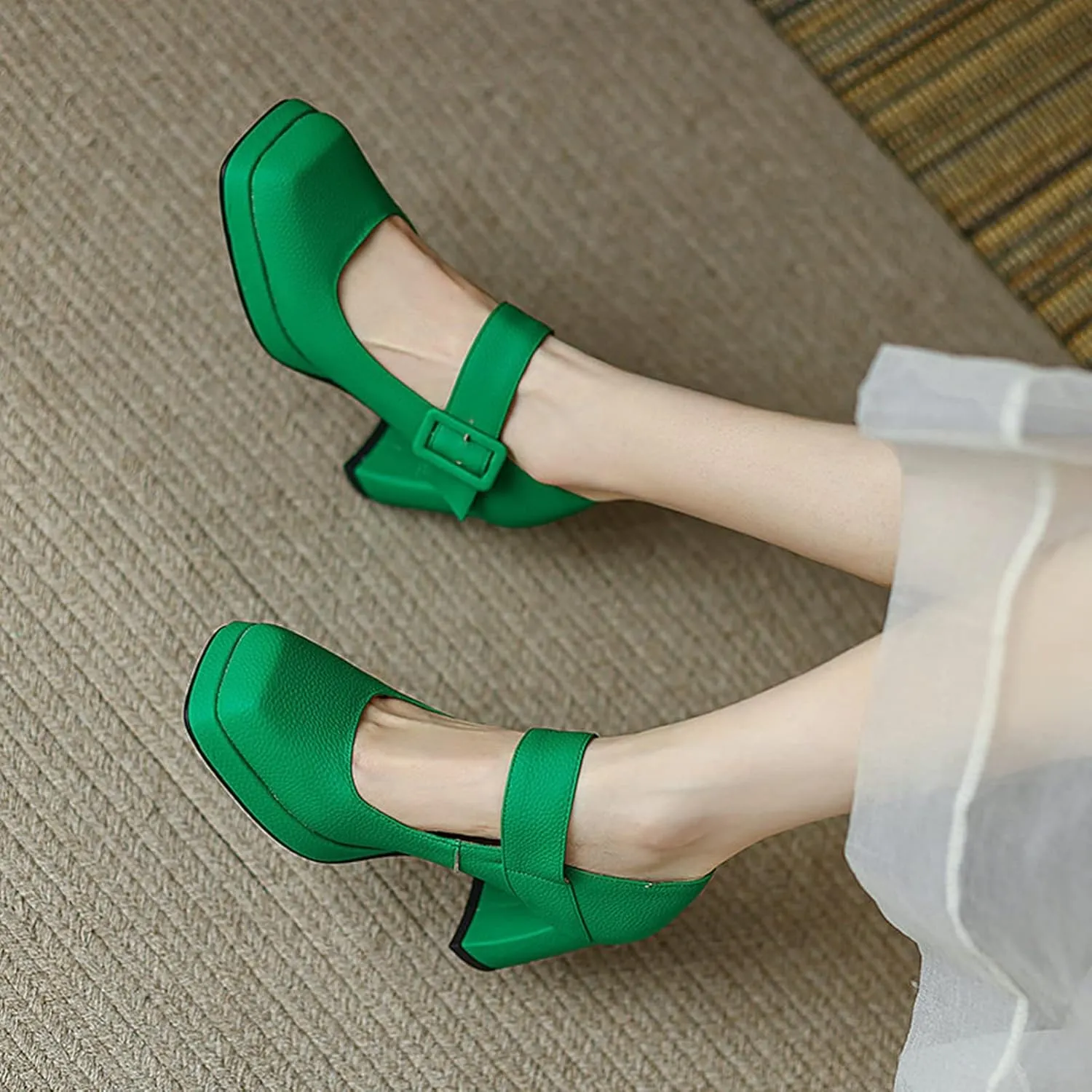 Women's Classic Mary Jane Pumps Platform Chunky High Heel Square Toe Ankle Buckle Strap Dress Shoes